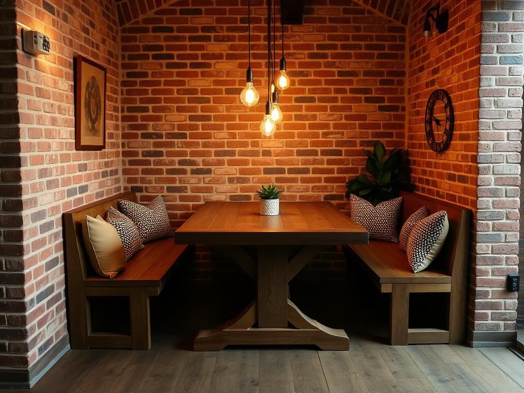 Brick-wall dining nook with Edison bulbs