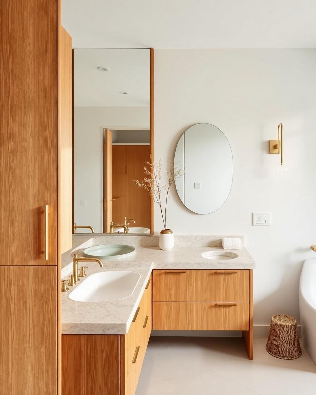 Warm wood vanity and bathroom styling