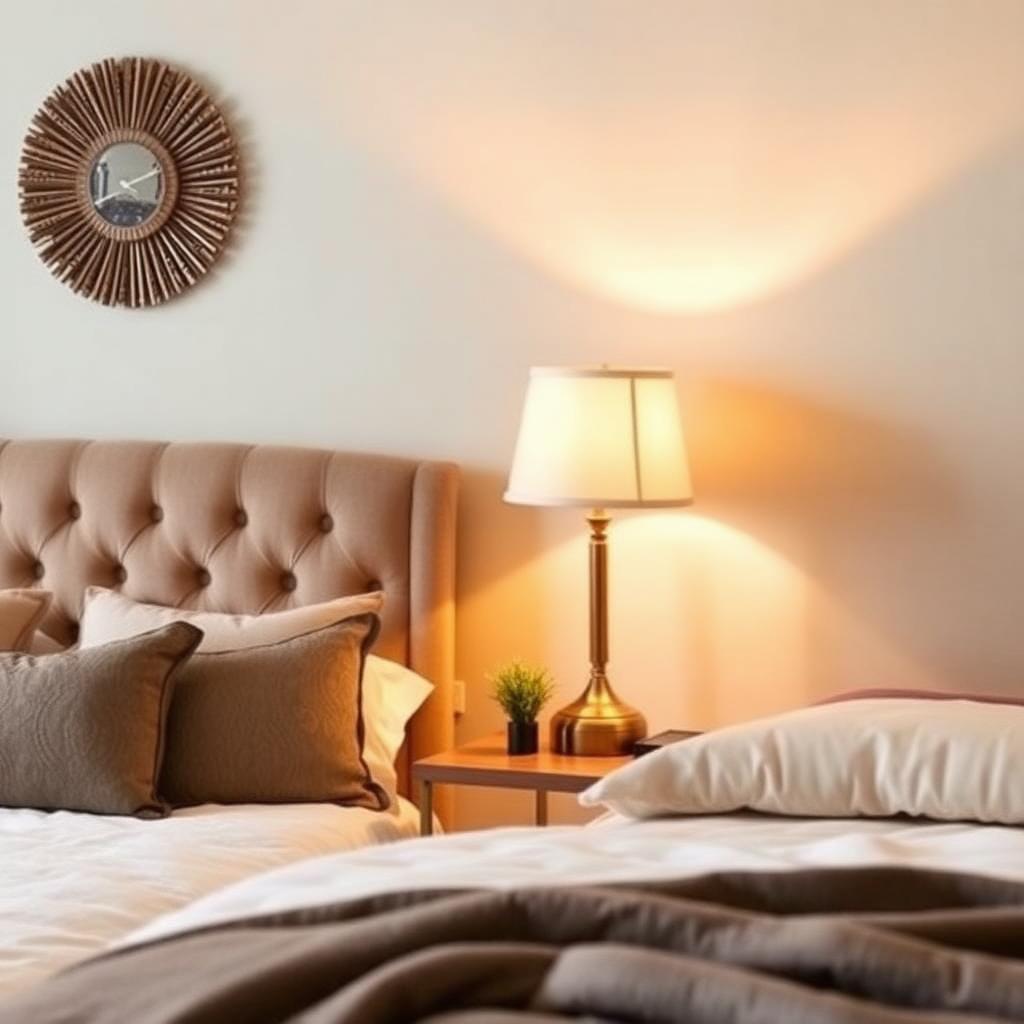 Bedroom vignette with tufted headboard and brass lamp