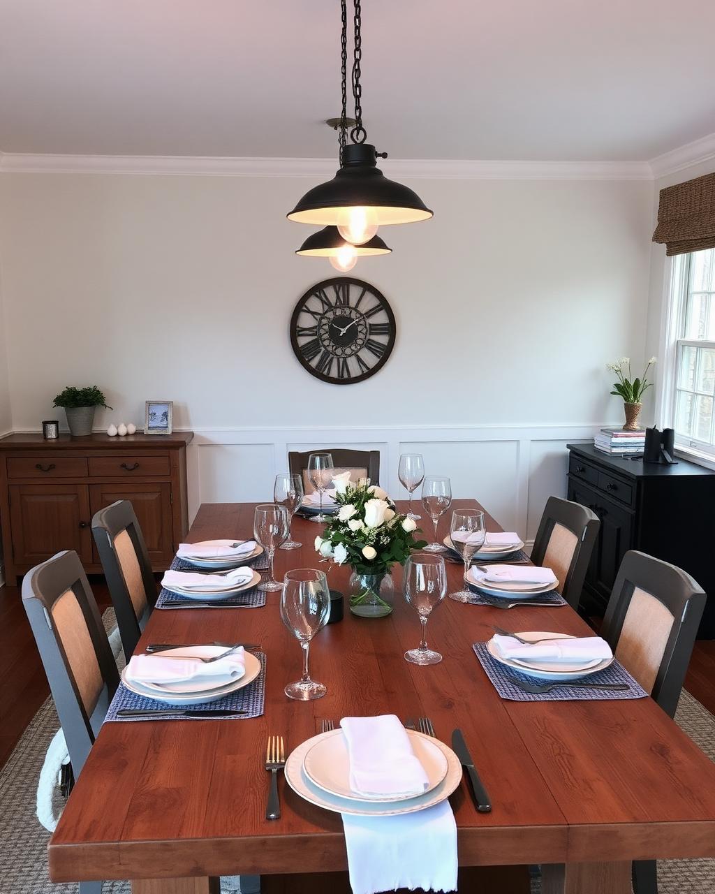 Dining table set for dinner under pendant lights