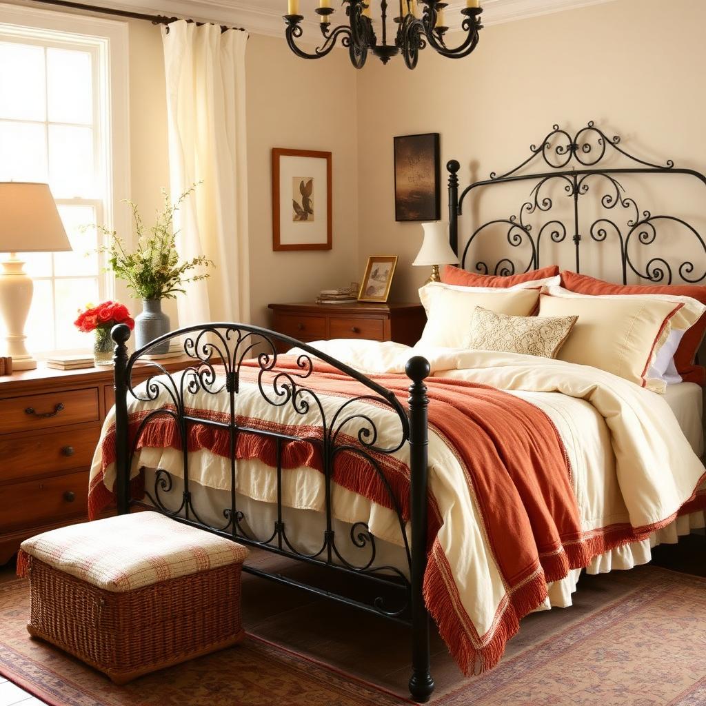 Wrought-iron bed with layered quilts