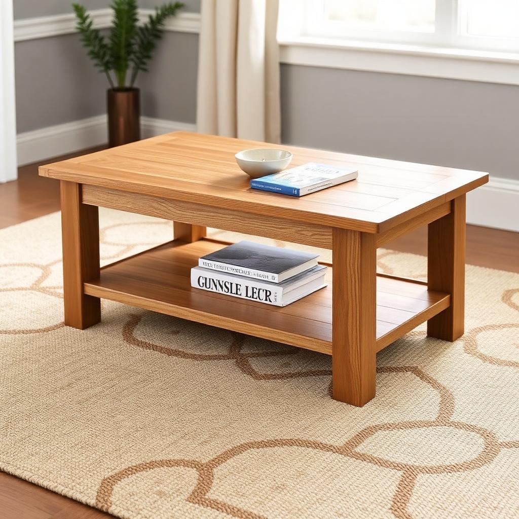 Solid oak coffee table styled with books
