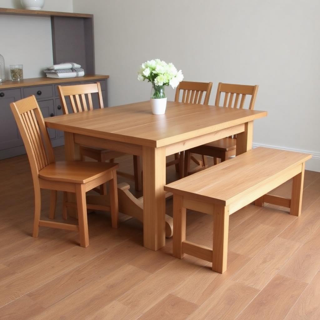 Oak dining table with bench seating